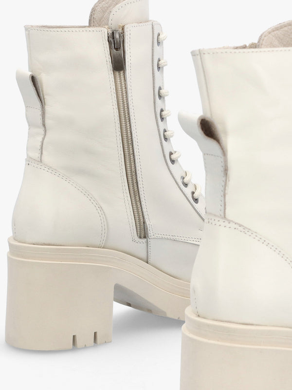 Bella White Leather Block Heel Ankle Boots