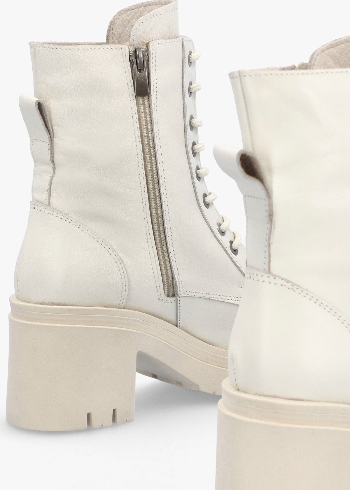 Bella White Leather Block Heel Ankle Boots