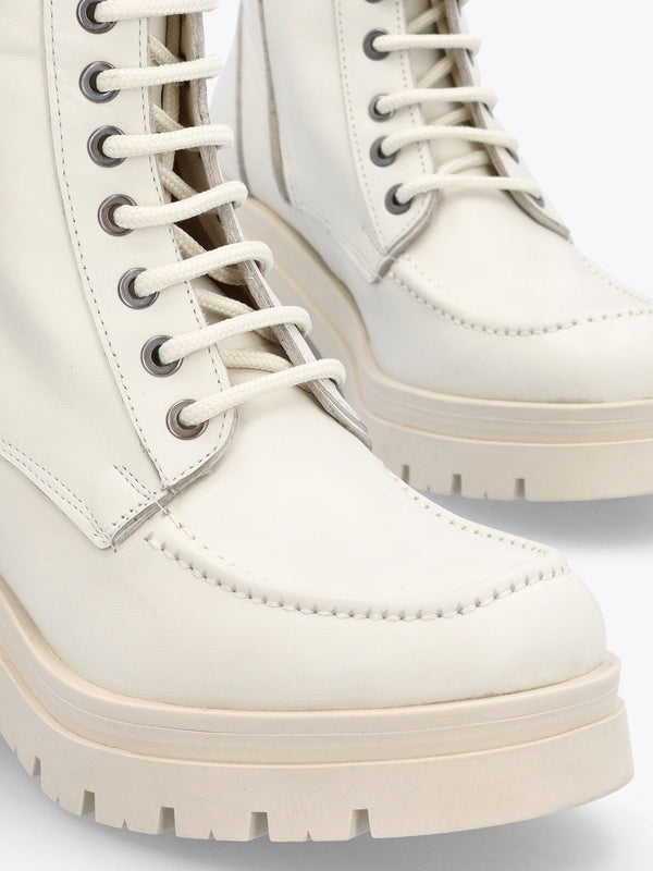 Bella White Leather Block Heel Ankle Boots