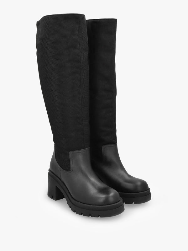 Bliny Black Leather Block Heel Knee Boots