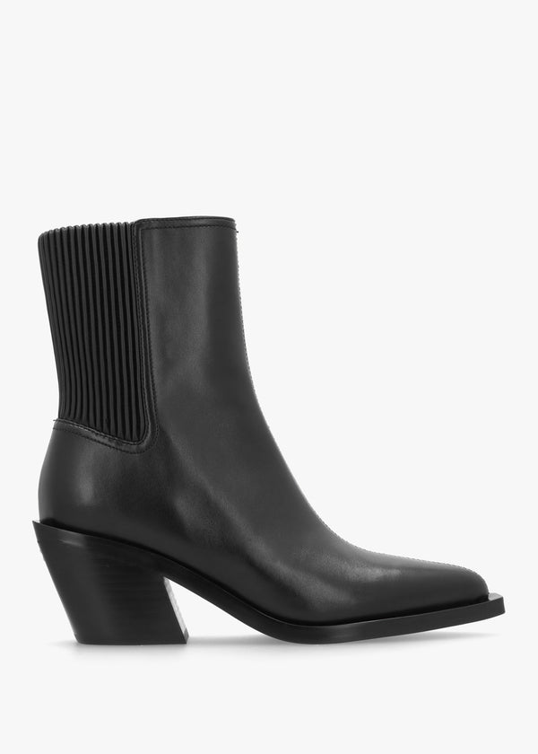 Prestyn Black Leather Western Stacked Heel Ankle Boots
