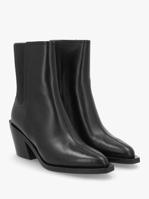 Prestyn Black Leather Western Stacked Heel Ankle Boots