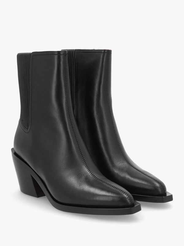 Prestyn Black Leather Western Stacked Heel Ankle Boots