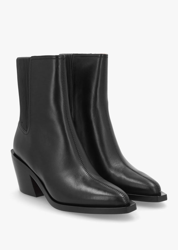 Prestyn Black Leather Western Stacked Heel Ankle Boots
