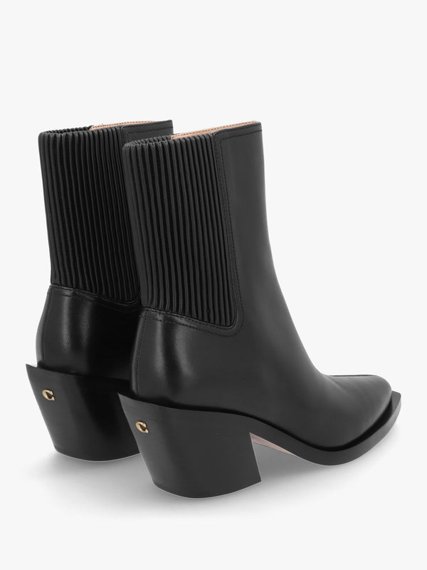 Prestyn Black Leather Western Stacked Heel Ankle Boots