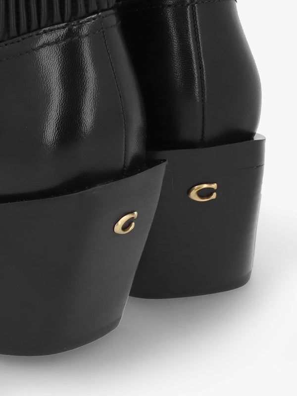 Prestyn Black Leather Western Stacked Heel Ankle Boots