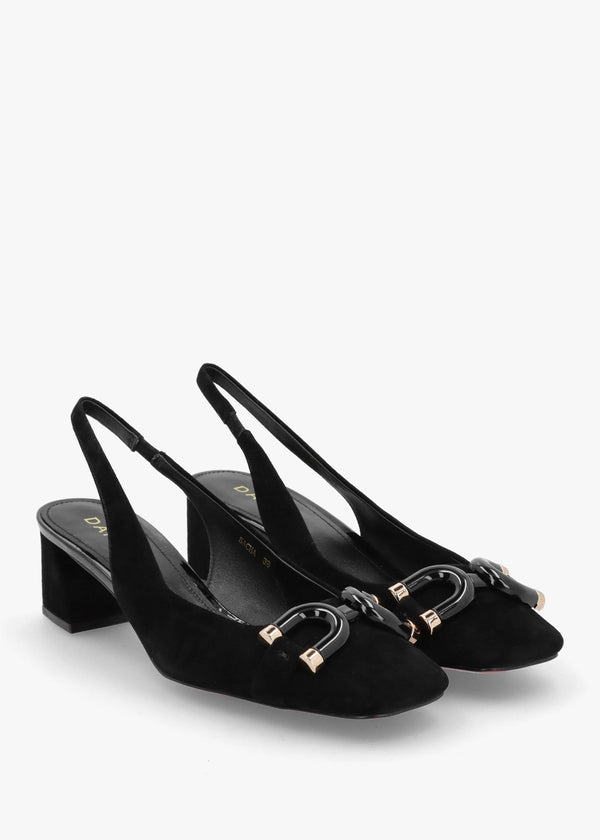 Sacha Black Suede Block Heel Sling Backs