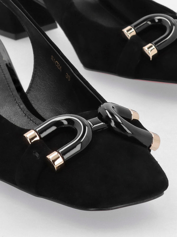 Sacha Black Suede Block Heel Sling Backs