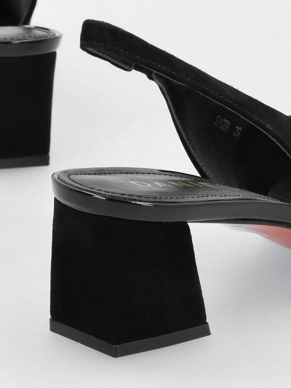 Sacha Black Suede Block Heel Sling Backs