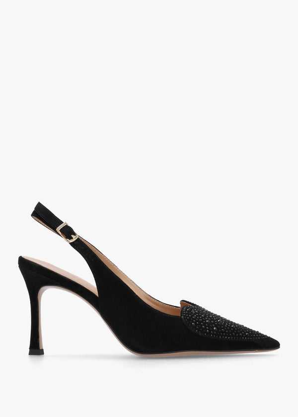 Elove Black Suede Crystal Heart Toe Cap Heeled Sling Backs