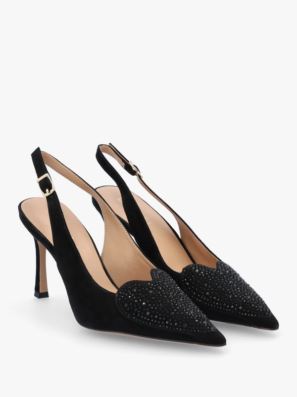 Elove Black Suede Crystal Heart Toe Cap Heeled Sling Backs