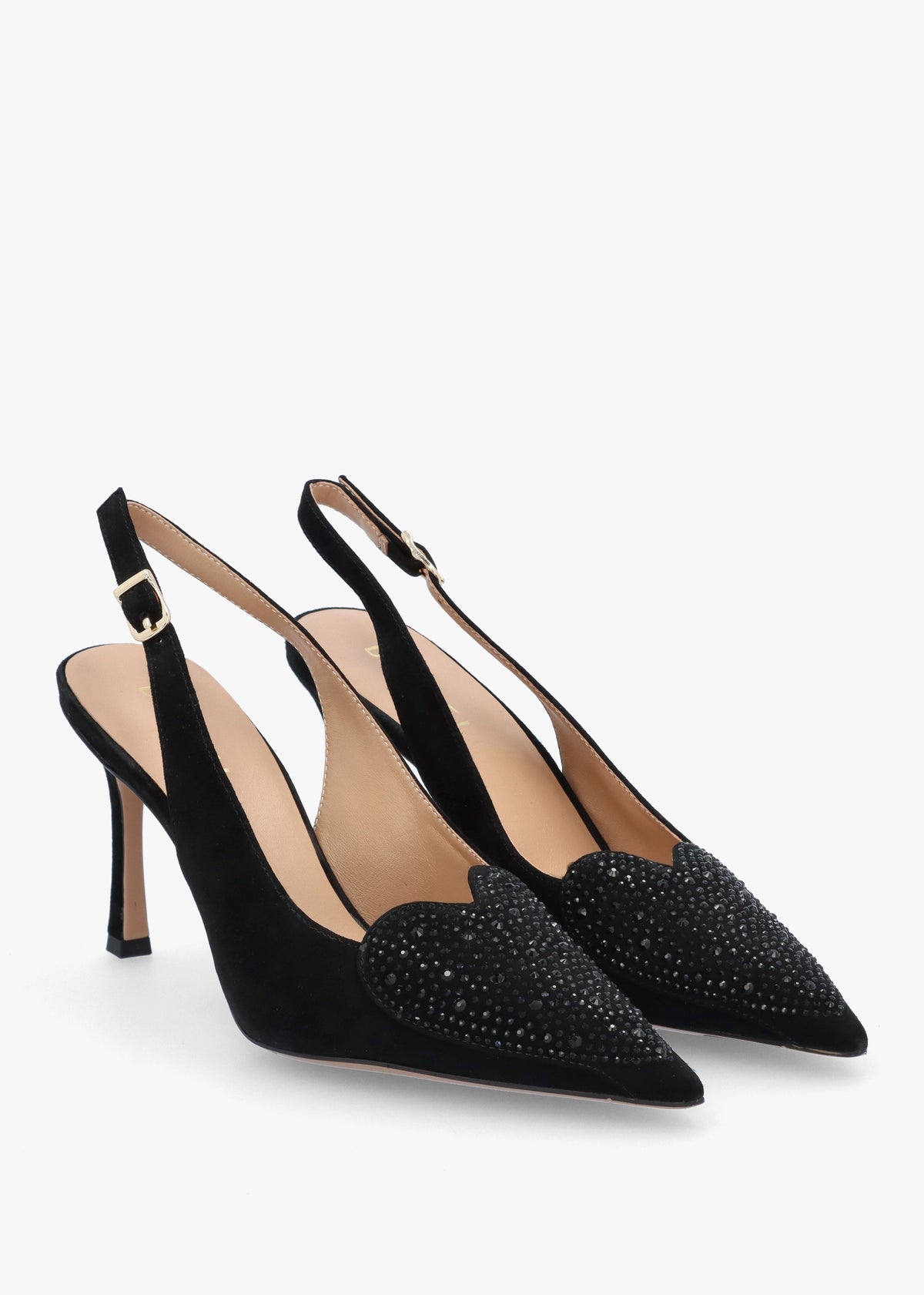 Elove Black Suede Crystal Heart Toe Cap Heeled Sling Backs