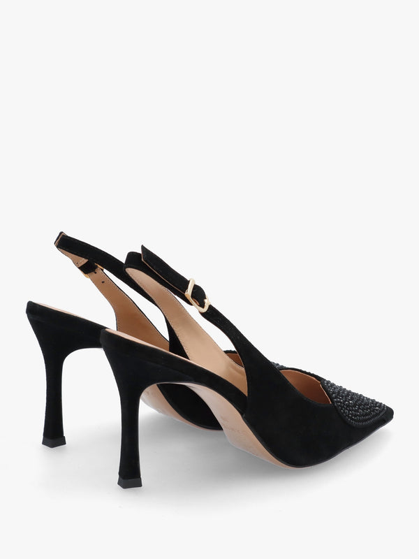 Elove Black Suede Crystal Heart Toe Cap Heeled Sling Backs