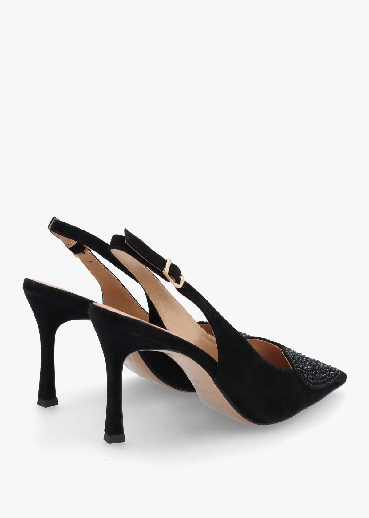Elove Black Suede Crystal Heart Toe Cap Heeled Sling Backs