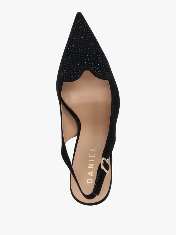 Elove Black Suede Crystal Heart Toe Cap Heeled Sling Backs