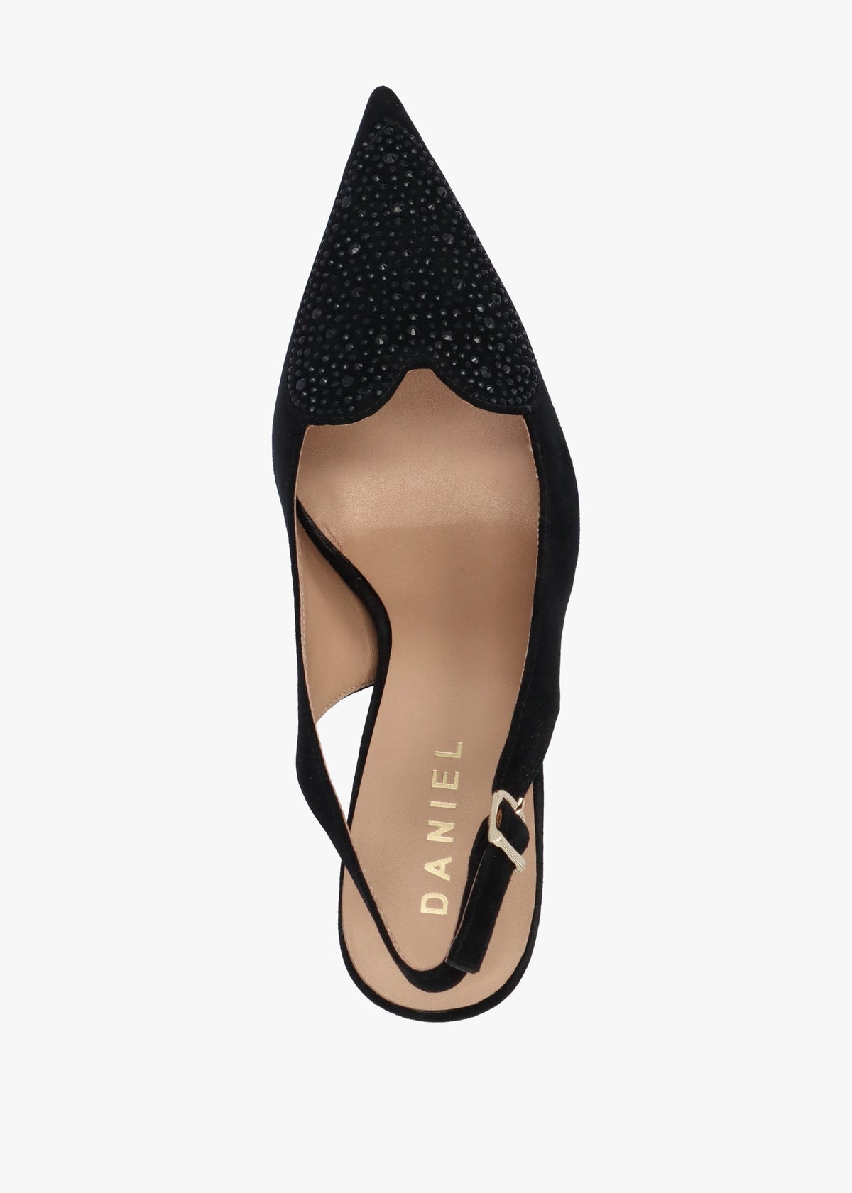 Elove Black Suede Crystal Heart Toe Cap Heeled Sling Backs