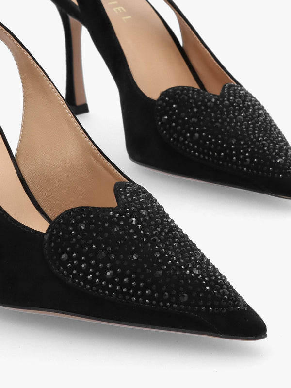 Elove Black Suede Crystal Heart Toe Cap Heeled Sling Backs