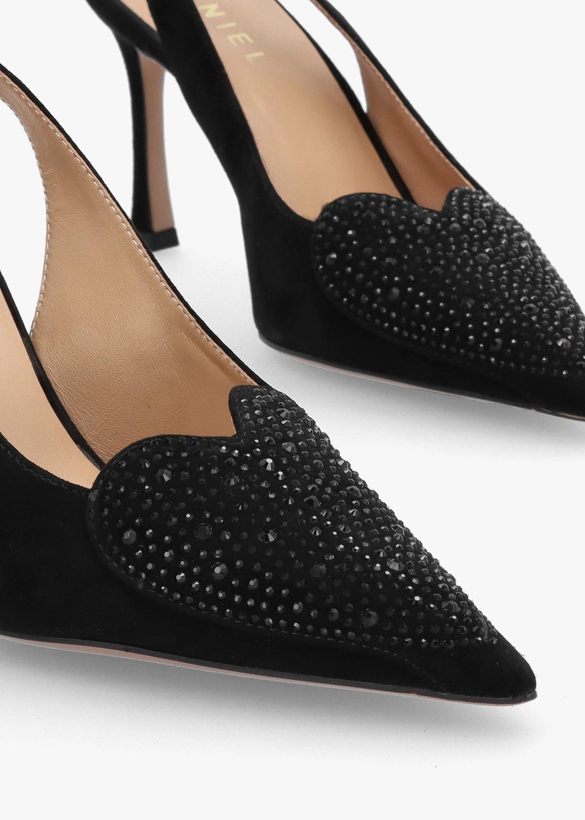 Elove Black Suede Crystal Heart Toe Cap Heeled Sling Backs