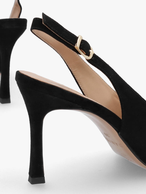 Elove Black Suede Crystal Heart Toe Cap Heeled Sling Backs