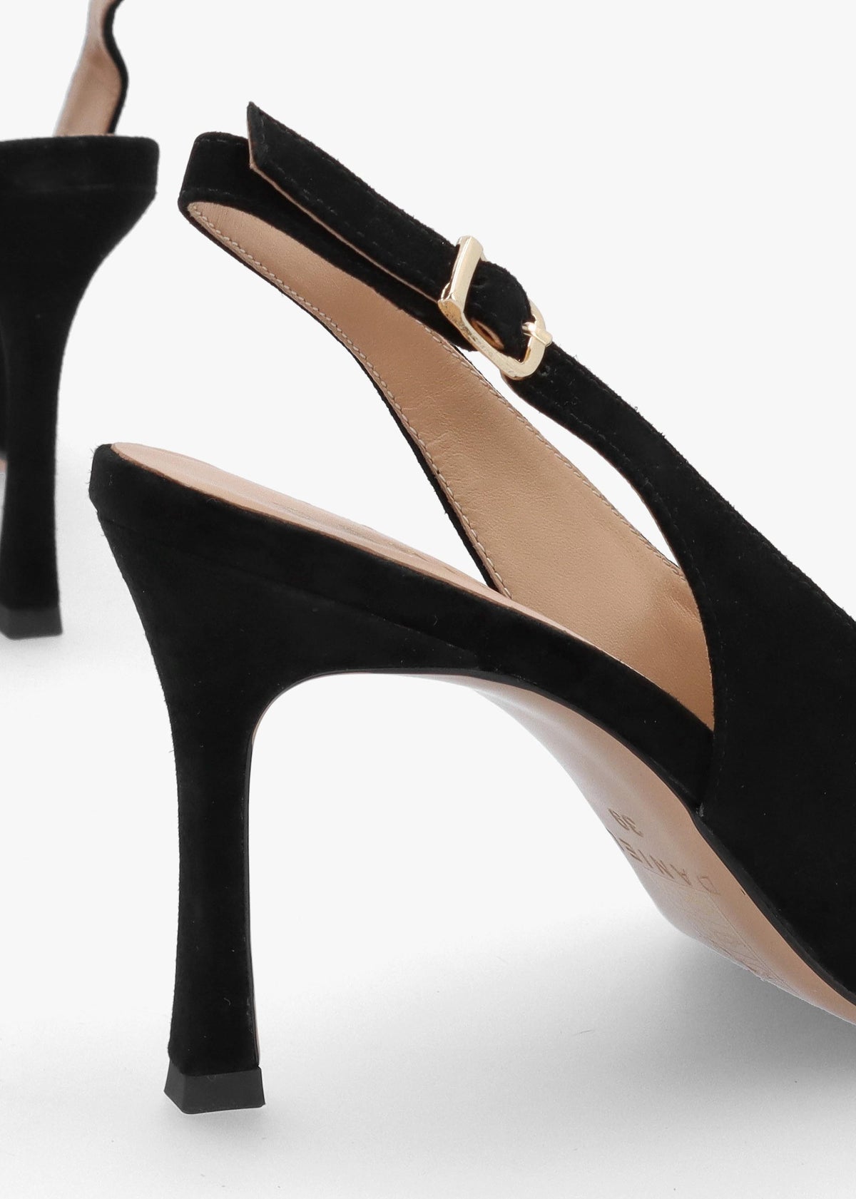 Elove Black Suede Crystal Heart Toe Cap Heeled Sling Backs
