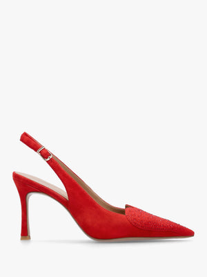 Elove Red Suede Crystal Heart Toe Cap Heeled Sling Backs