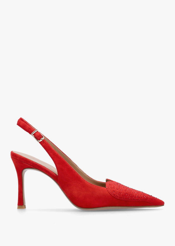 Elove Red Suede Crystal Heart Toe Cap Heeled Sling Backs