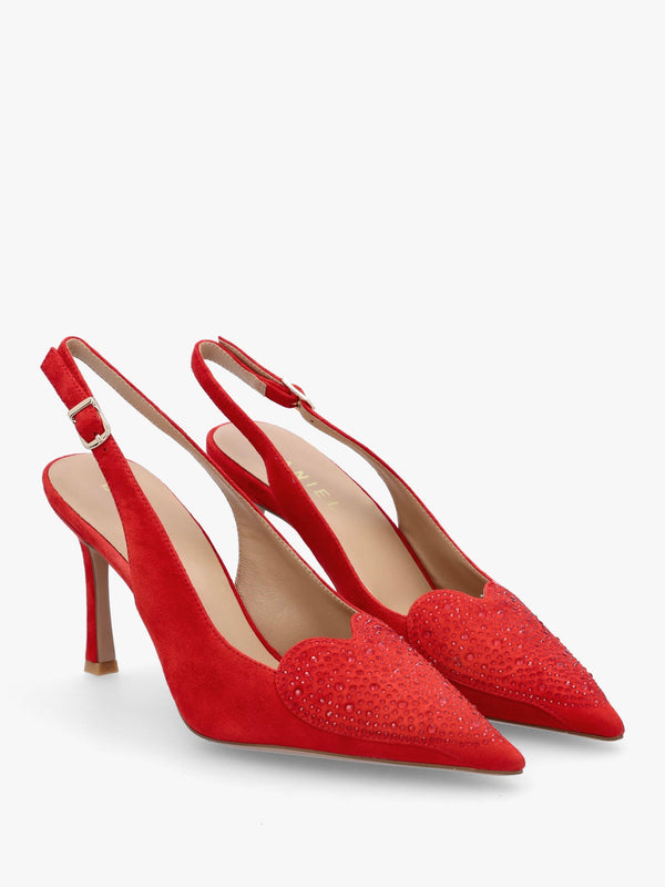 Elove Red Suede Crystal Heart Toe Cap Heeled Sling Backs