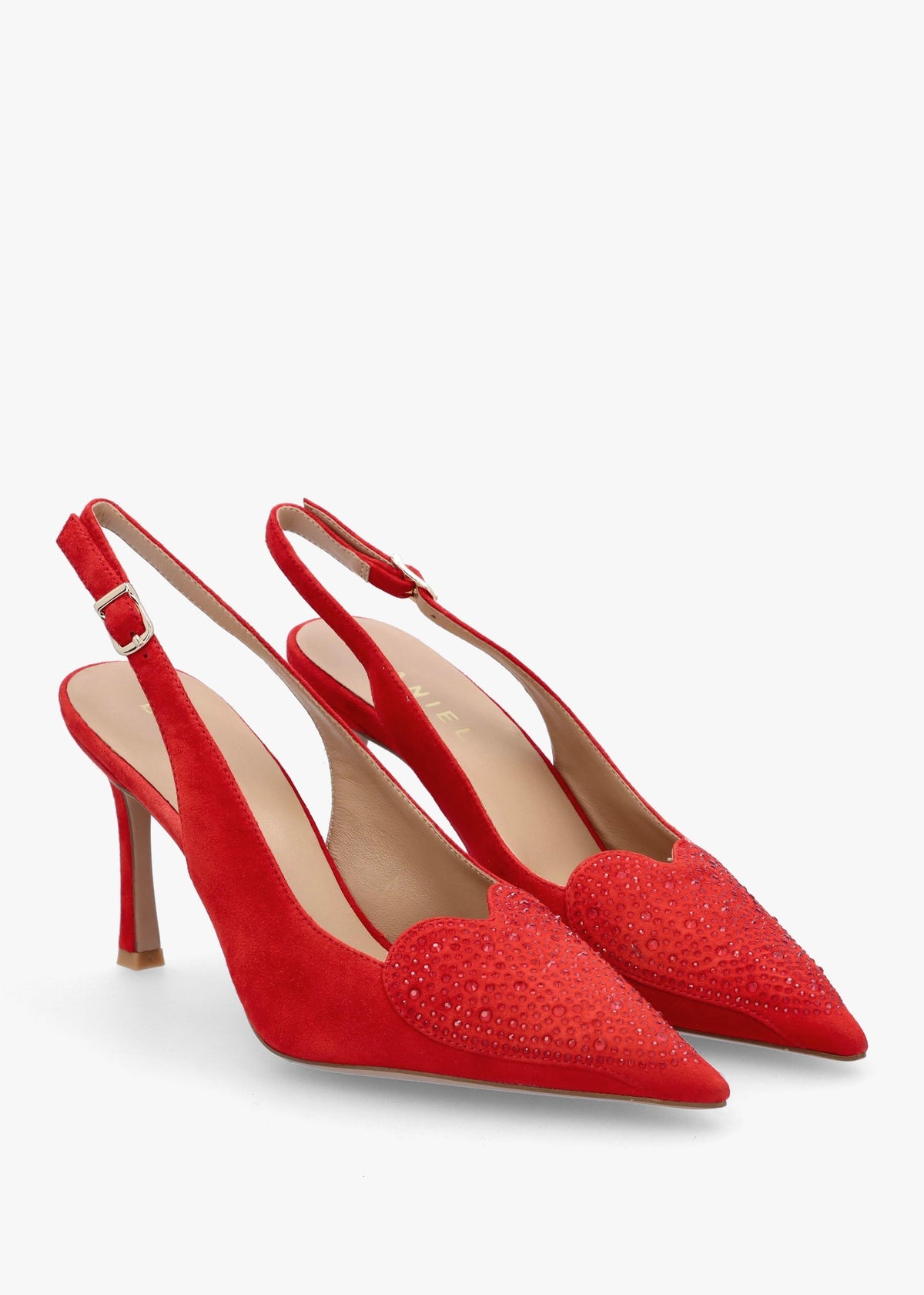 Elove Red Suede Crystal Heart Toe Cap Heeled Sling Backs