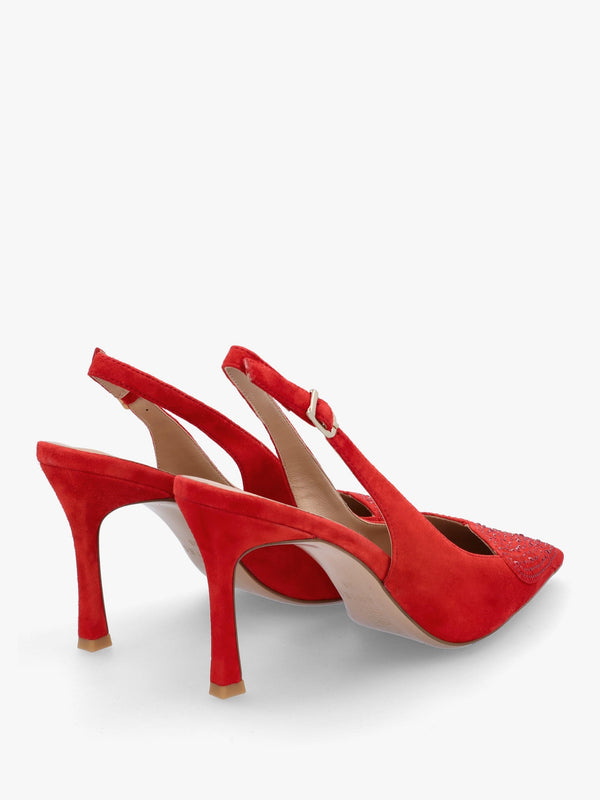 Elove Red Suede Crystal Heart Toe Cap Heeled Sling Backs