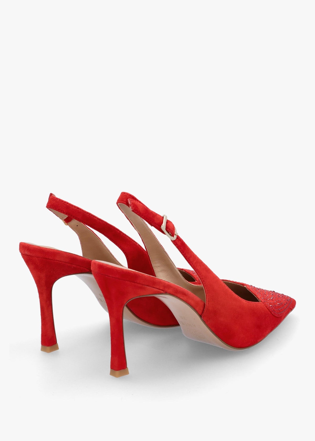 Elove Red Suede Crystal Heart Toe Cap Heeled Sling Backs