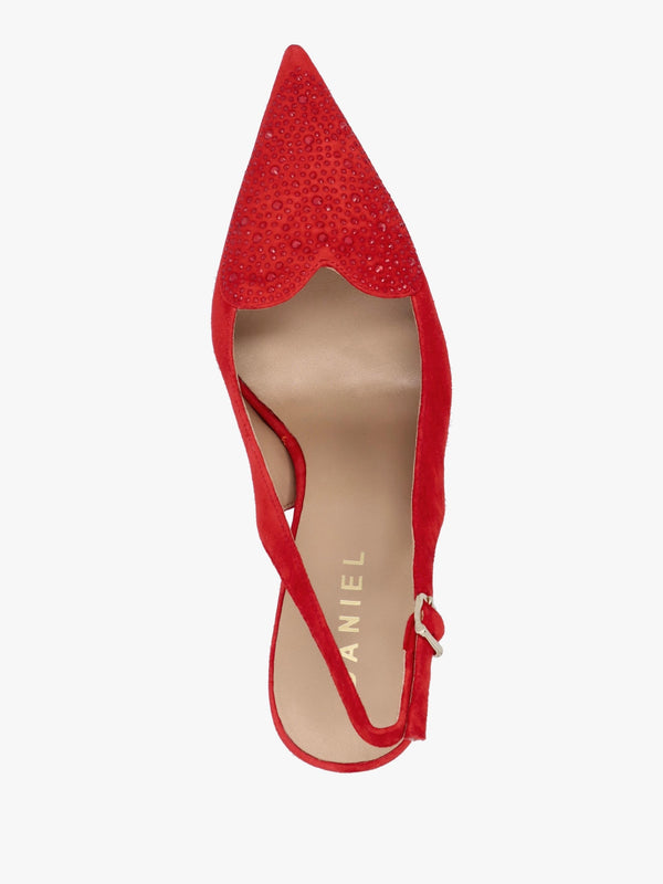 Elove Red Suede Crystal Heart Toe Cap Heeled Sling Backs
