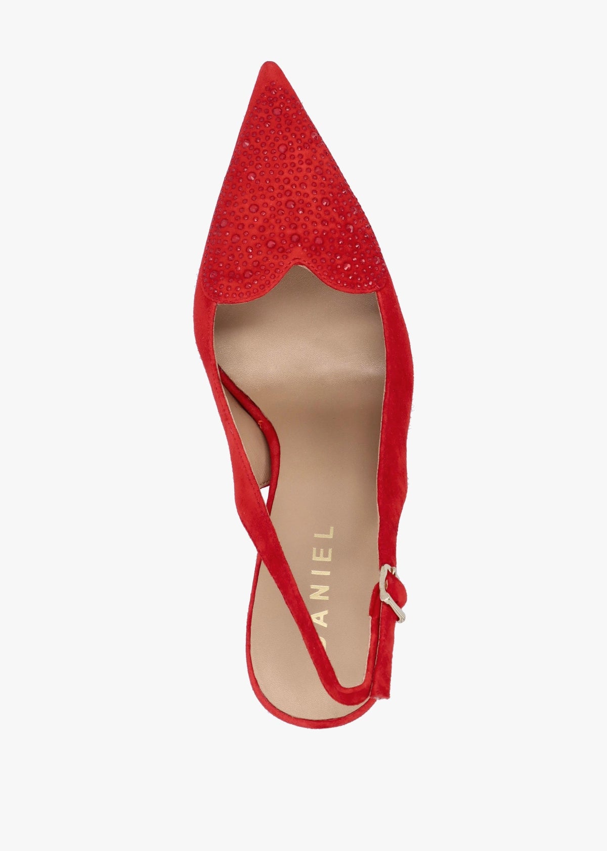 Elove Red Suede Crystal Heart Toe Cap Heeled Sling Backs