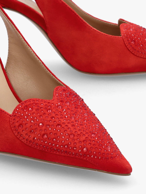 Elove Red Suede Crystal Heart Toe Cap Heeled Sling Backs