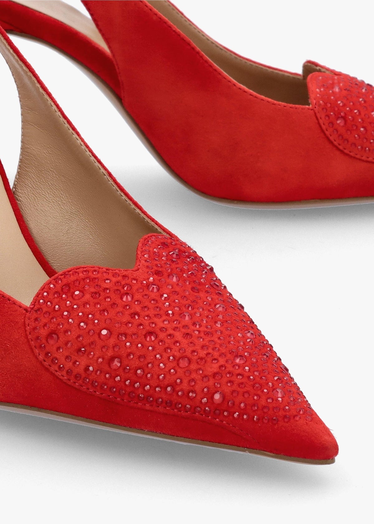 Elove Red Suede Crystal Heart Toe Cap Heeled Sling Backs