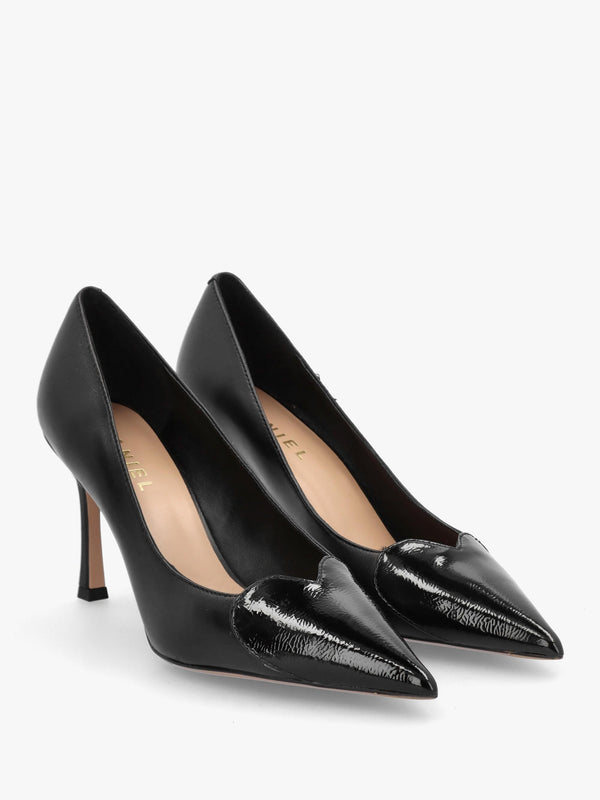 Elove Black Leather Heart Toe Cap Court Shoes