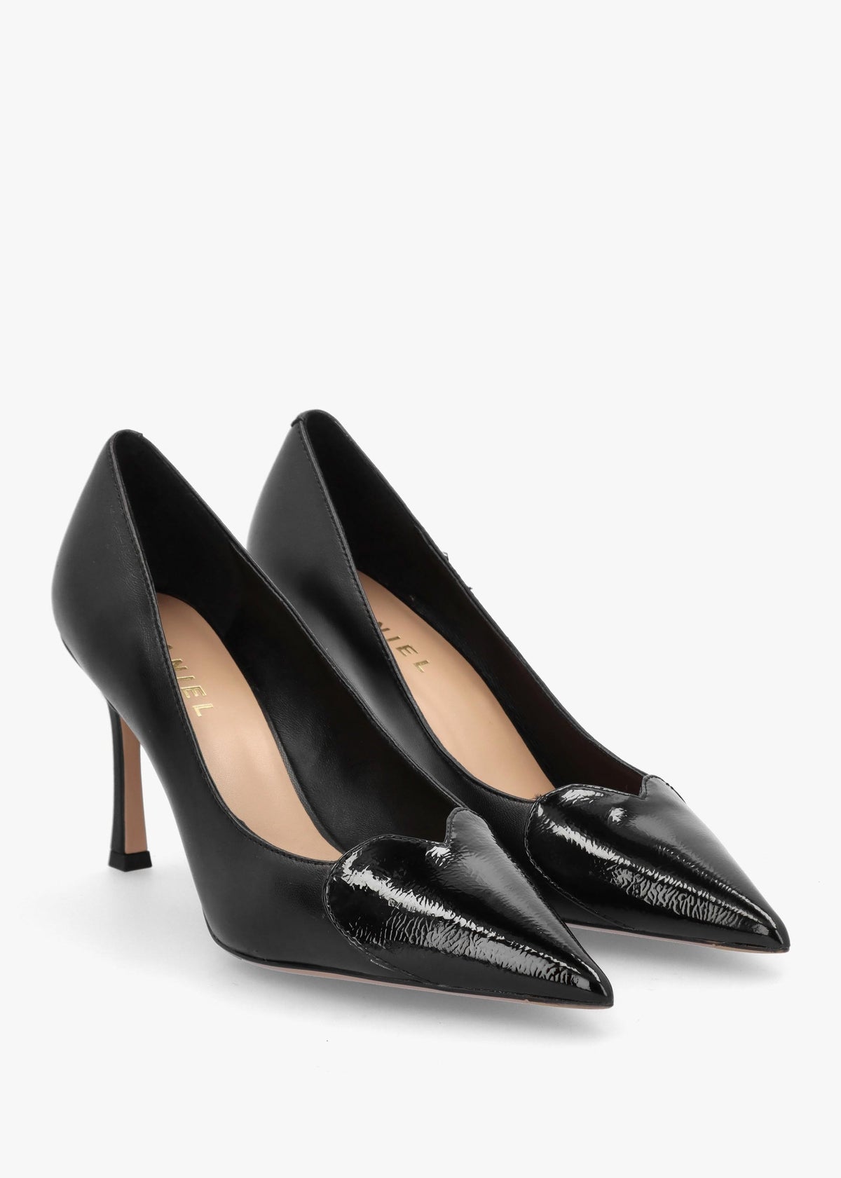 Elove Black Leather Heart Toe Cap Court Shoes