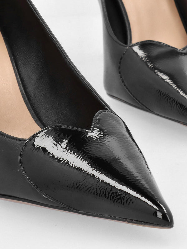 Elove Black Leather Heart Toe Cap Court Shoes