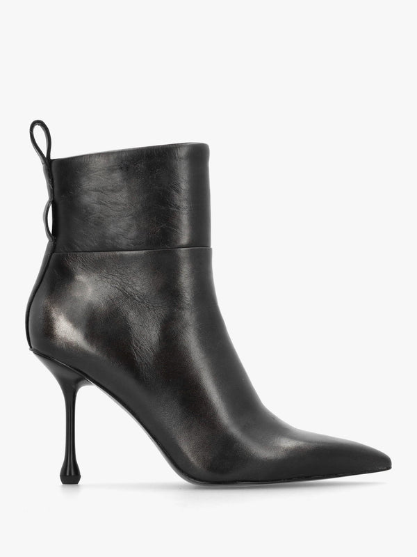 Black Leather Embellished Ankle Strap Shaped Heel Boots