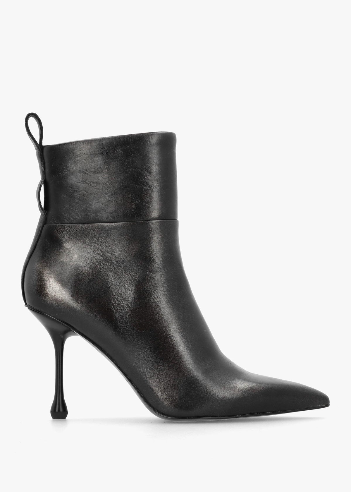 Black Leather Embellished Ankle Strap Shaped Heel Boots