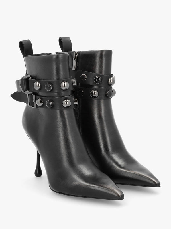 Black Leather Embellished Ankle Strap Shaped Heel Boots