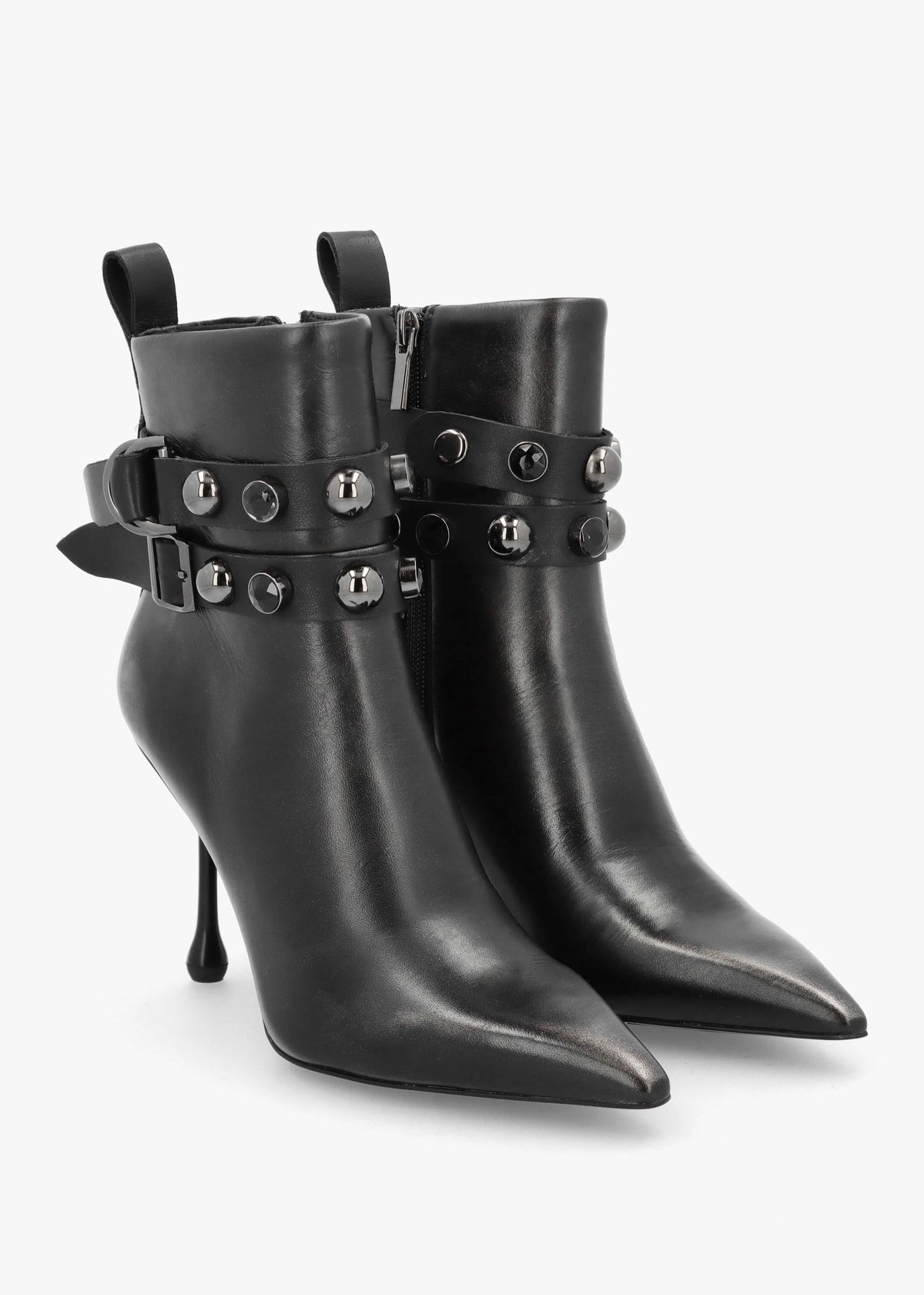 Black Leather Embellished Ankle Strap Shaped Heel Boots