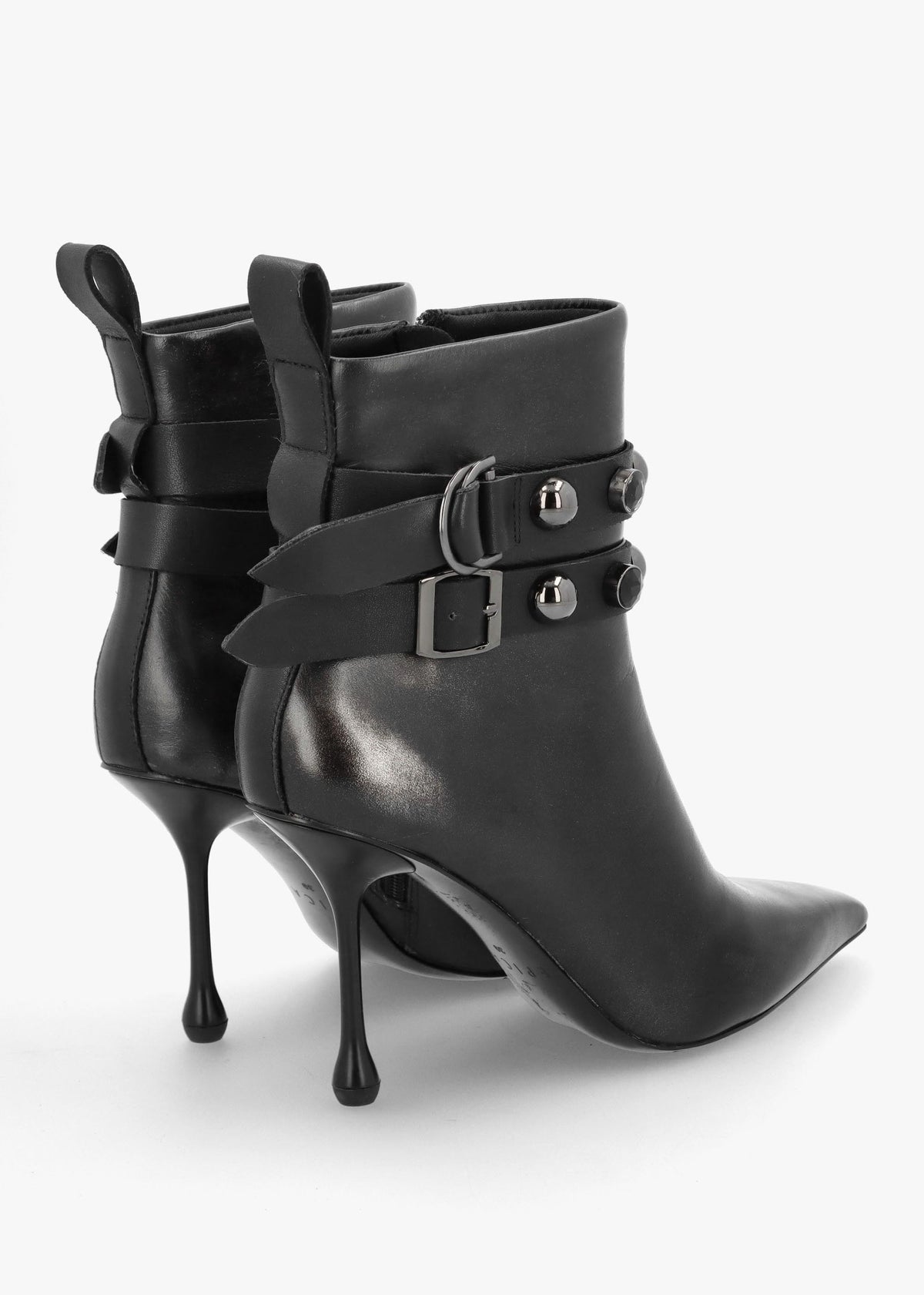 Black Leather Embellished Ankle Strap Shaped Heel Boots