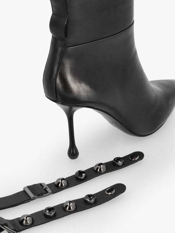 Black Leather Embellished Ankle Strap Shaped Heel Boots