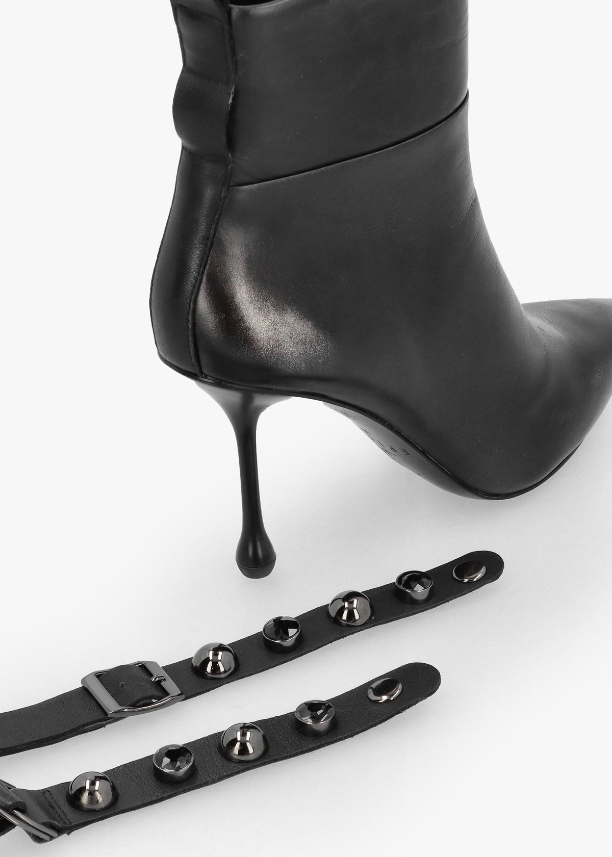 Black Leather Embellished Ankle Strap Shaped Heel Boots