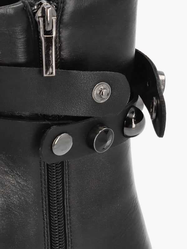 Black Leather Embellished Ankle Strap Shaped Heel Boots