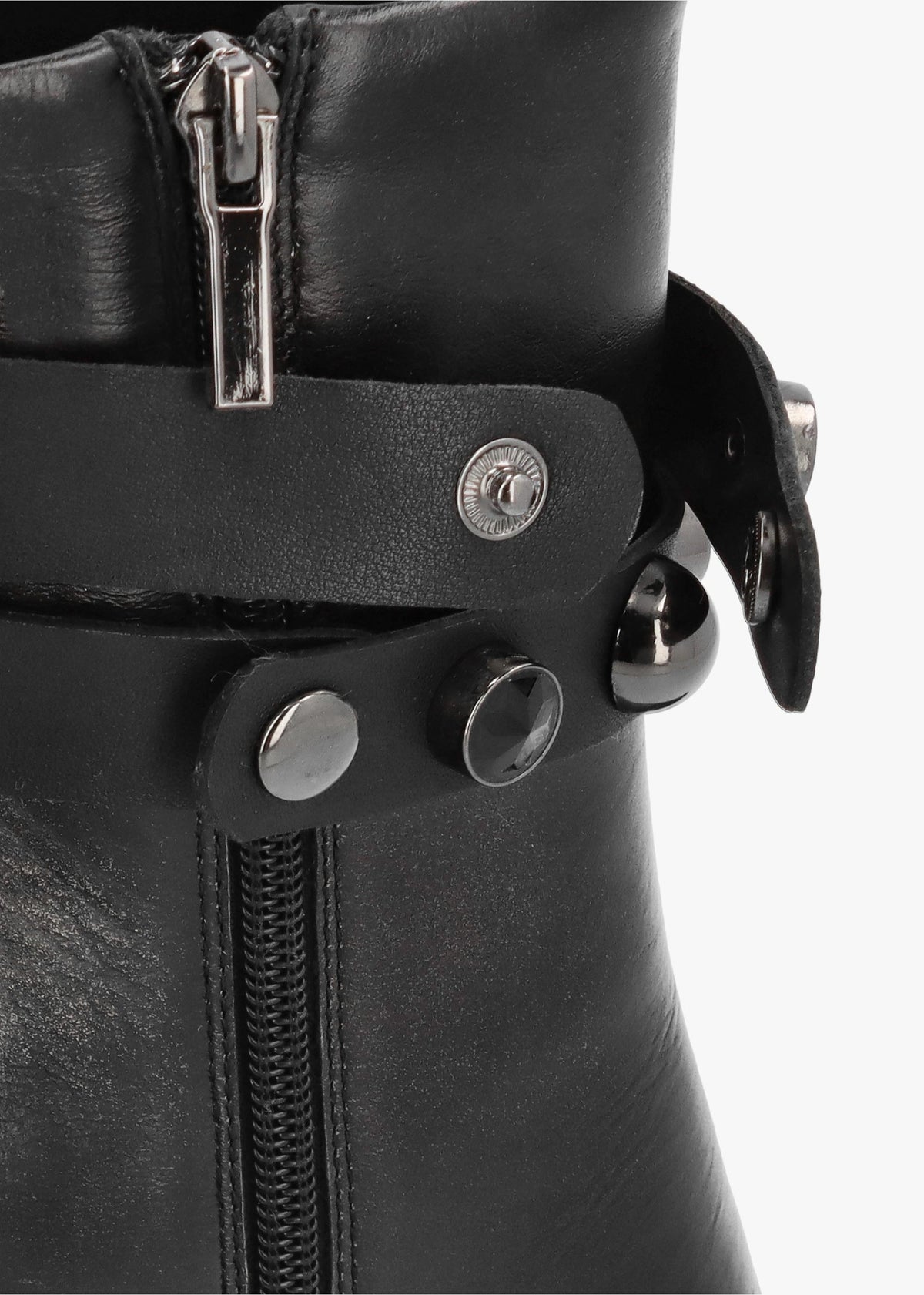 Black Leather Embellished Ankle Strap Shaped Heel Boots