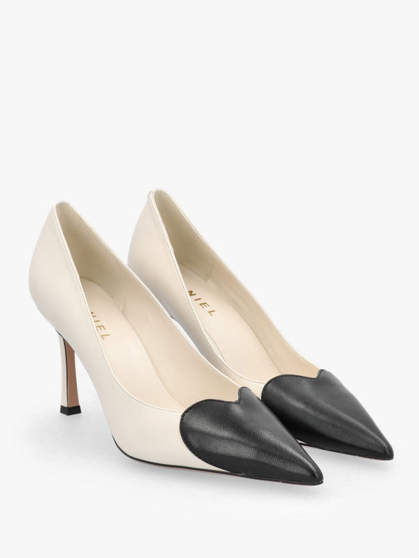 Elove Cream Leather Heart Toe Cap Court Shoes