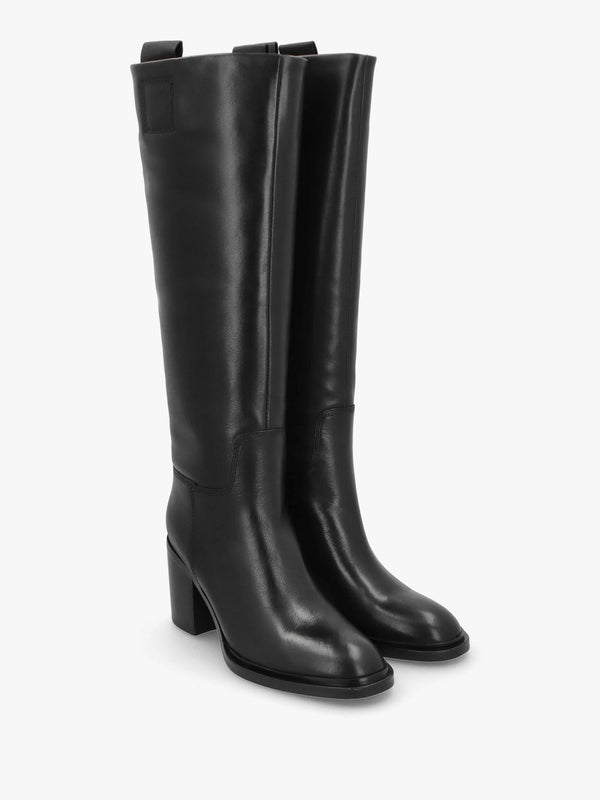 Sound Black Leather Block Heel Knee Boots