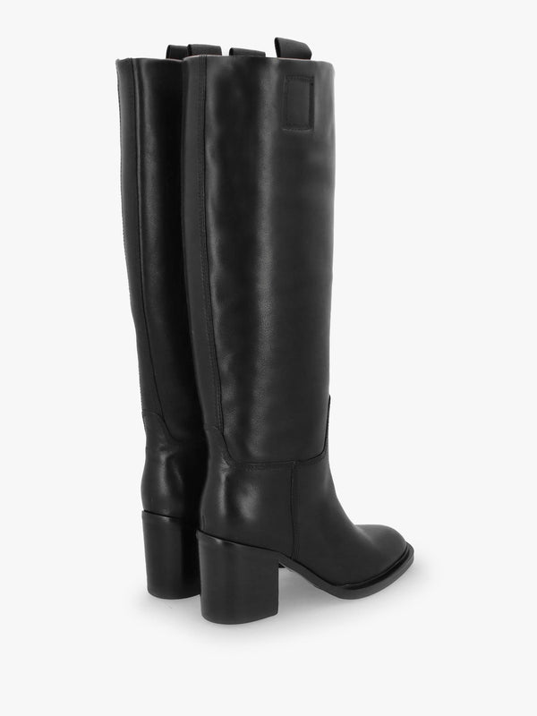 Sound Black Leather Block Heel Knee Boots