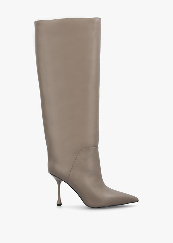 Elodie Taupe Leather Sculpted Heel Knee Boots